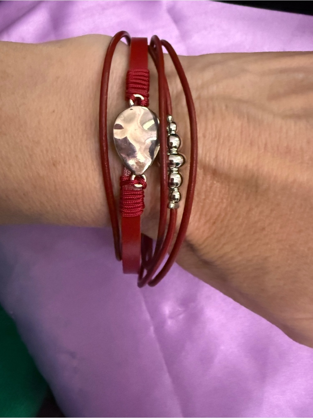 Red Multi-Strand Leather Wrap Bracelet with Silver Accents